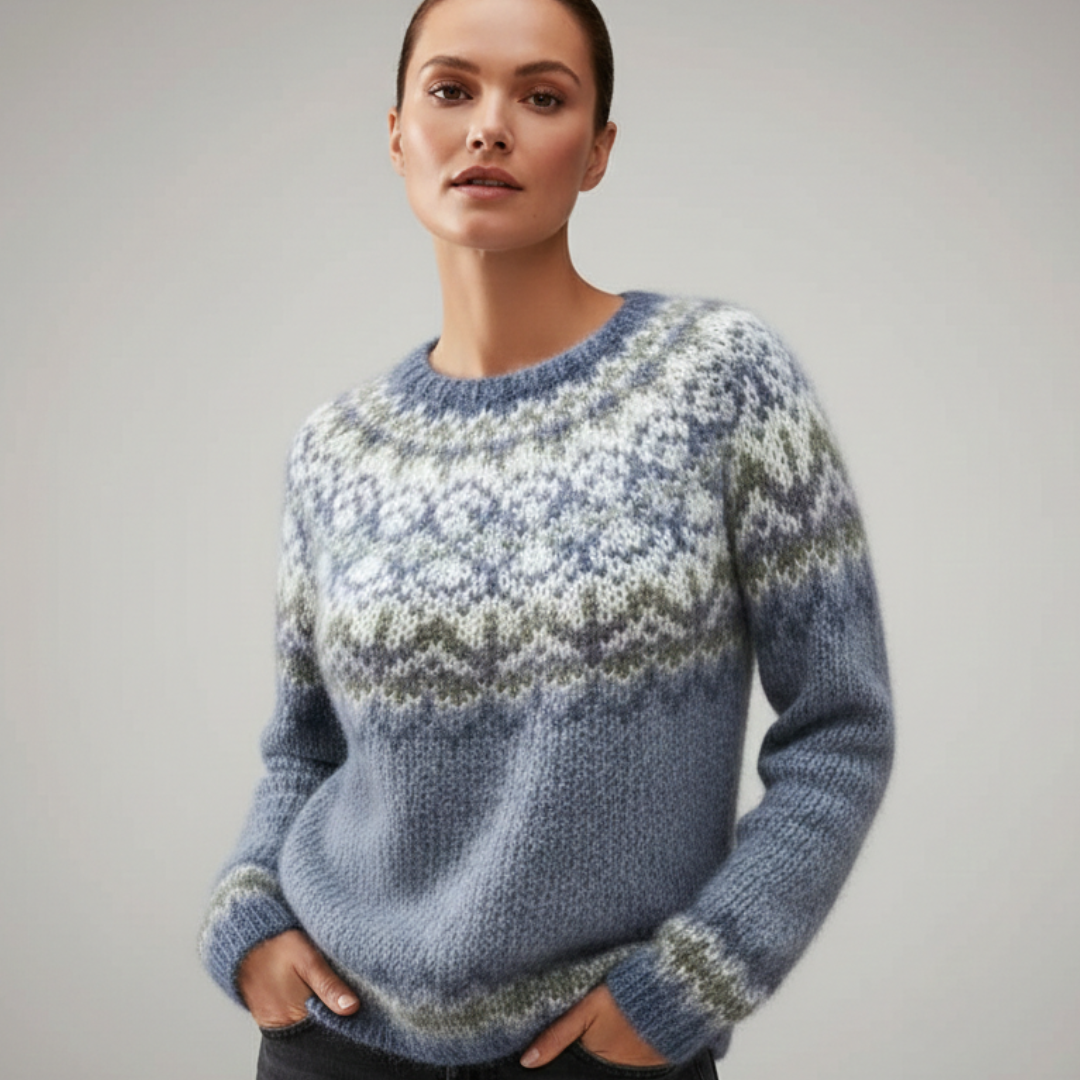 Eleni – Varm tröja med traditionellt mönster vävt på axlarna