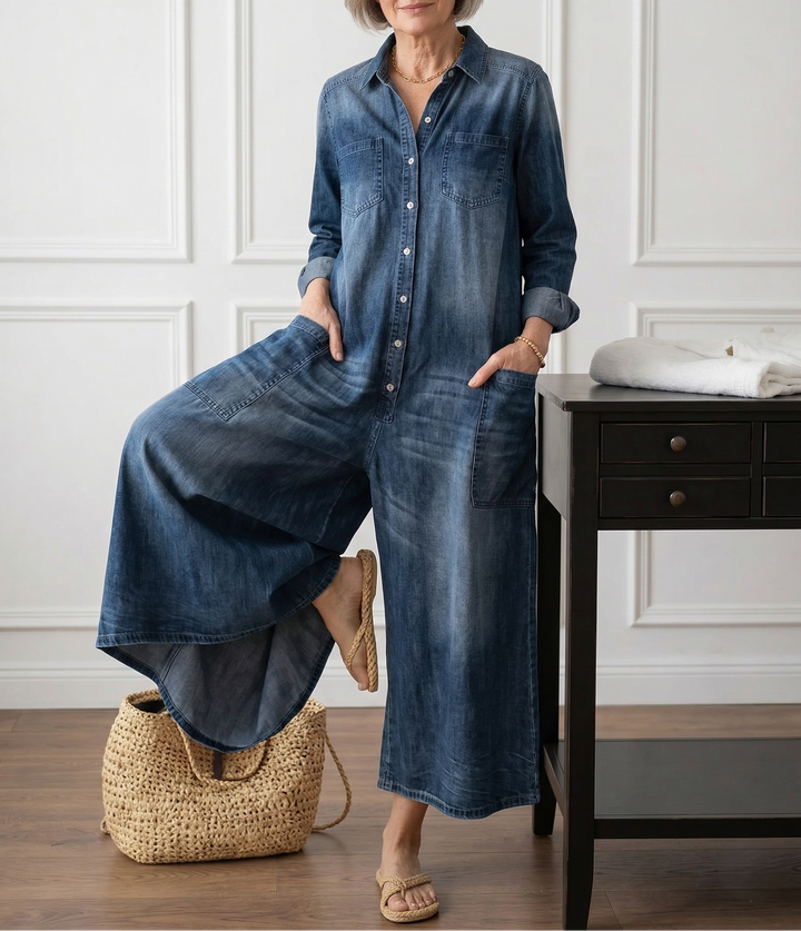 Γεωργία ™ | Vintage denim ολόσωμη φόρμα με κουμπιά
