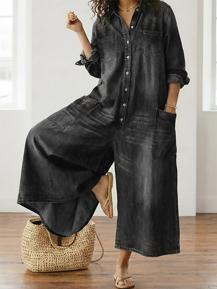 Γεωργία ™ | Vintage denim ολόσωμη φόρμα με κουμπιά