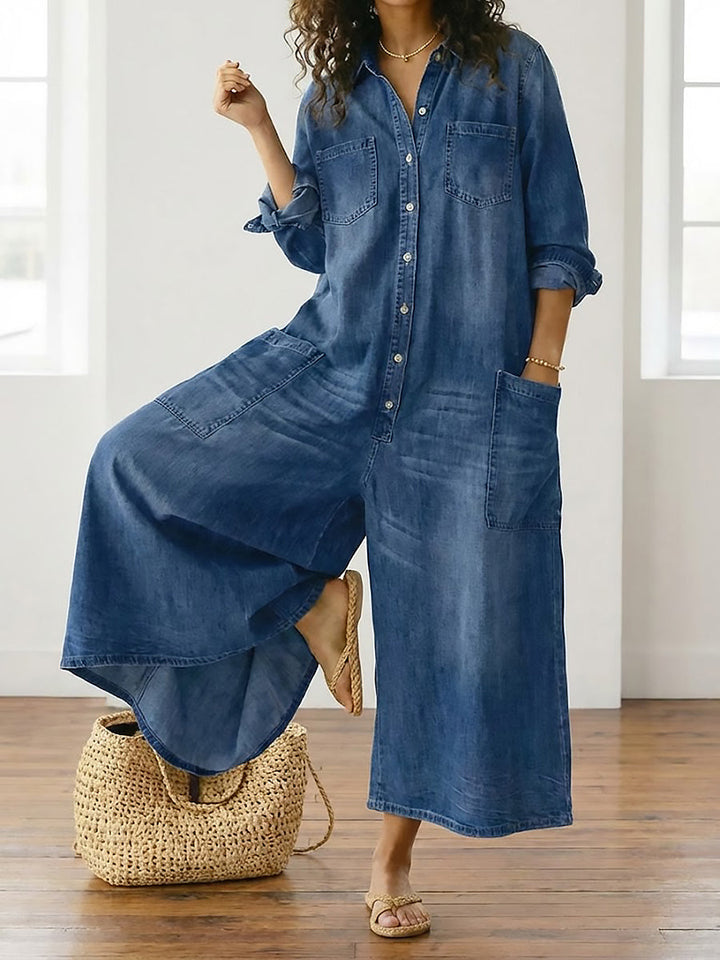Γεωργία ™ | Vintage denim ολόσωμη φόρμα με κουμπιά