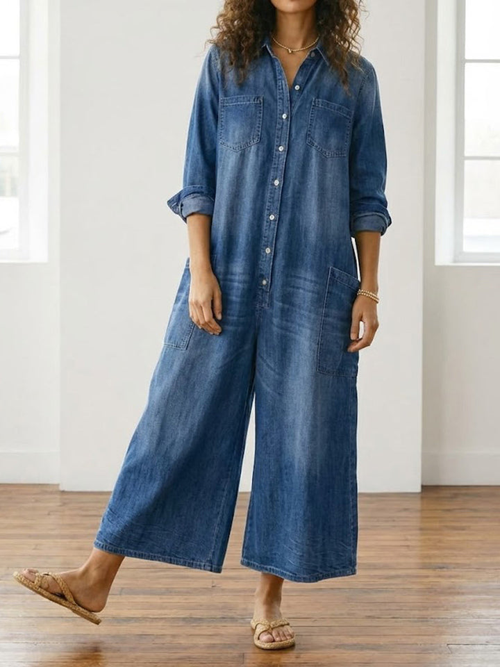 Γεωργία ™ | Vintage denim ολόσωμη φόρμα με κουμπιά