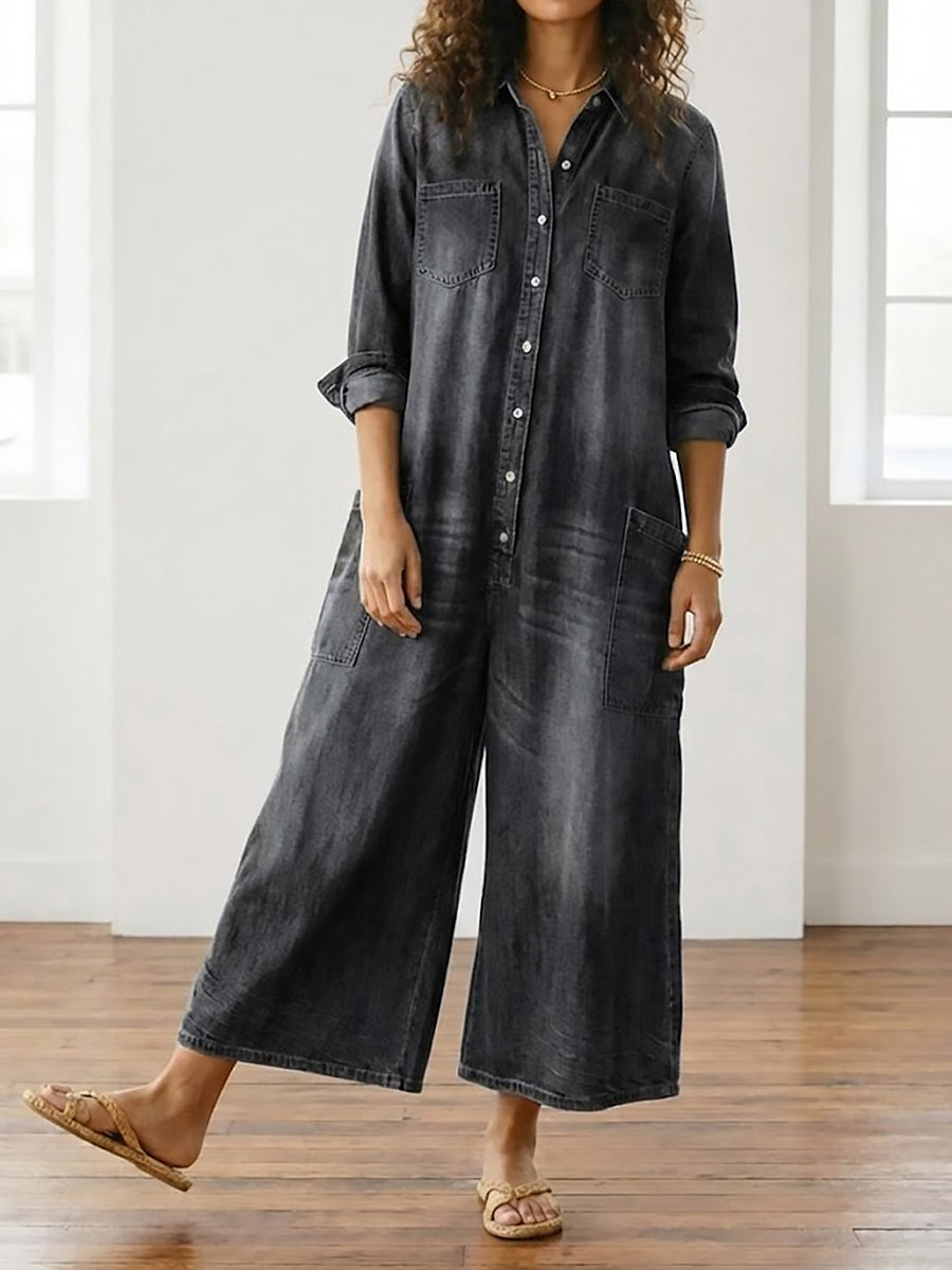 Γεωργία ™ | Vintage denim ολόσωμη φόρμα με κουμπιά